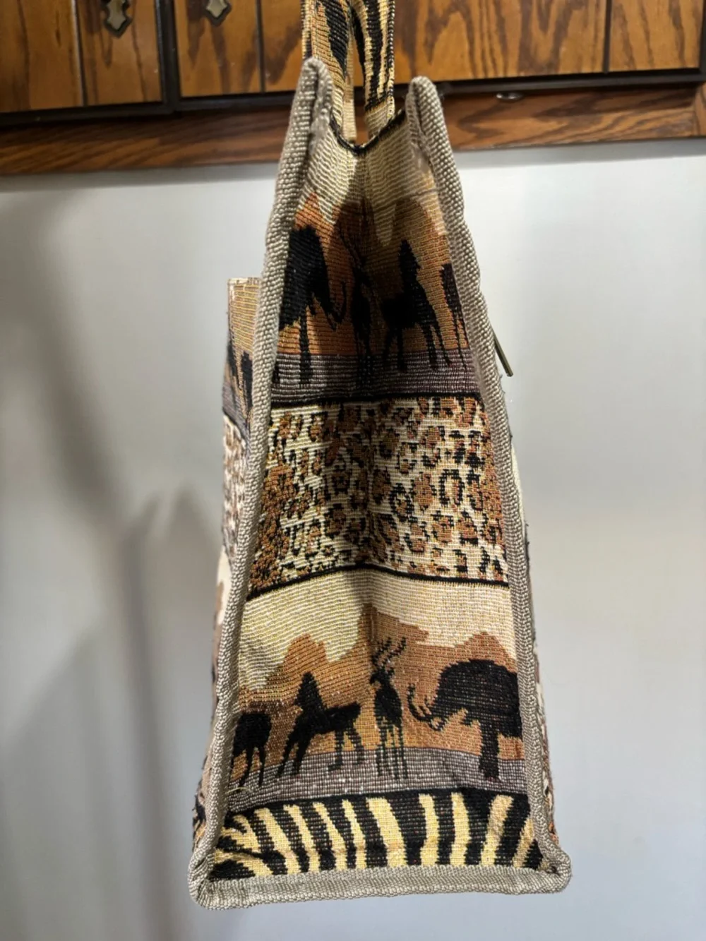 Jade Safari Shoulder Tote in Tan & Brown African Print Elephants Leopard Zebra